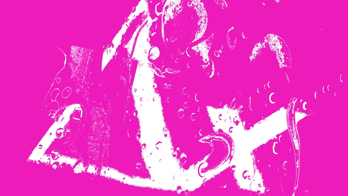 Abstract white shapes over a vibrant pink background.