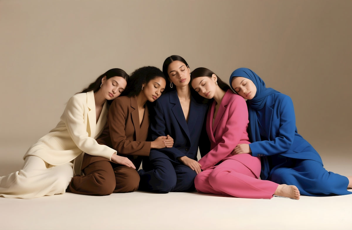 Five women wearing suits lean against each other.