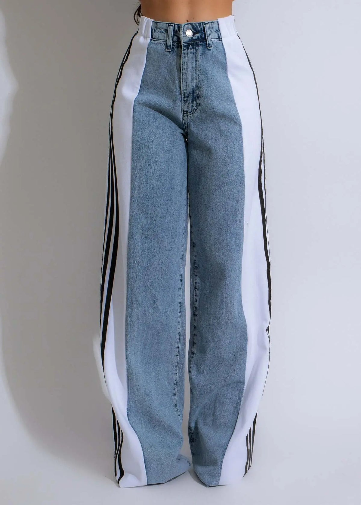 Fashion Casual High Waist Elastic Straight Leg Trousers Three Stripe Patchwork Denim Wide Leg Pants Streetwear hercurva