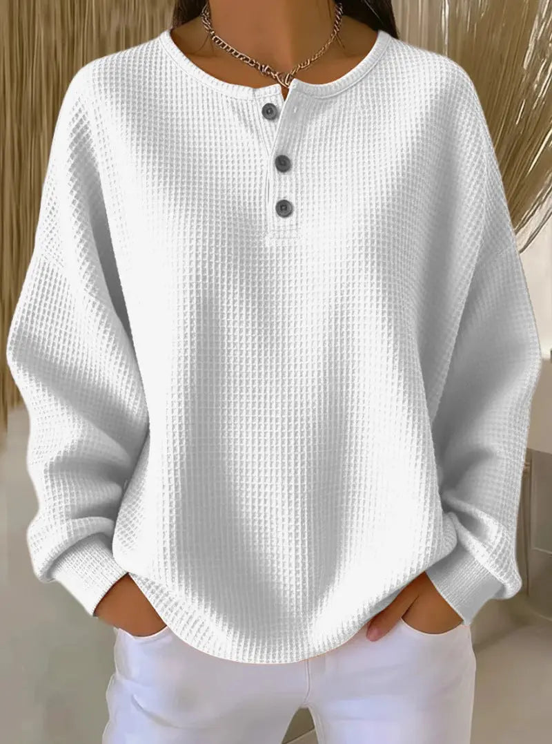 Round Neck Waffle Solid Color Pullover Loose Top hercurva