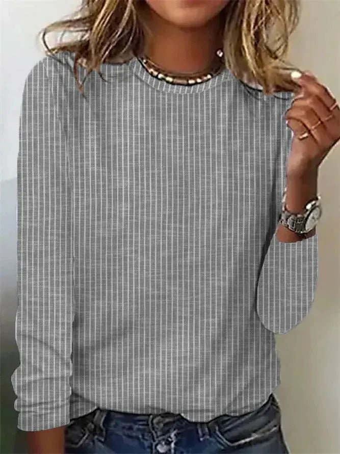 Loose Solid Color Striped Round Neck T-shirt For Women hercurva