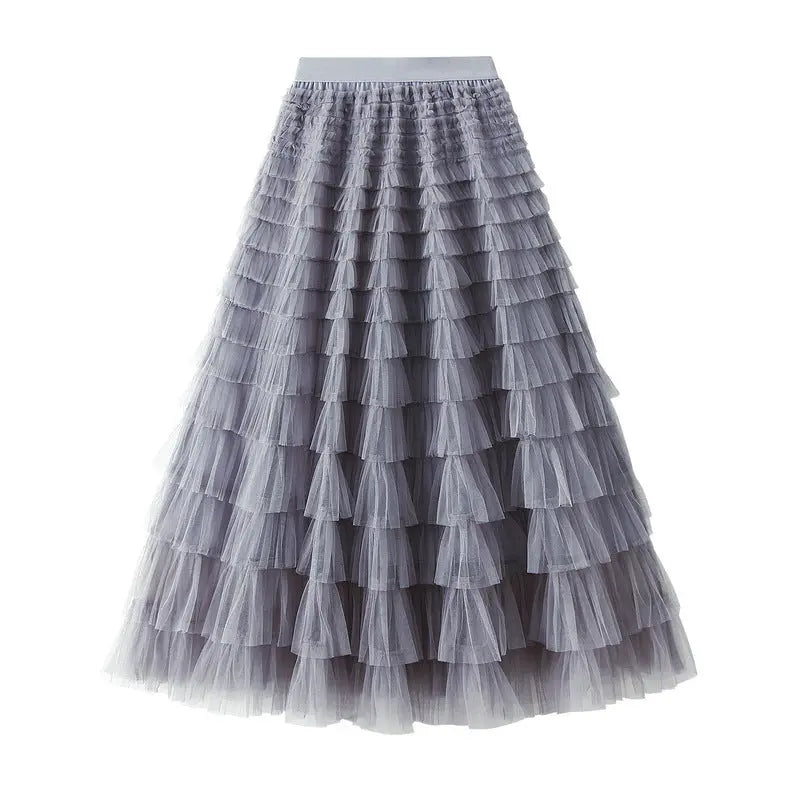 A-Line Mesh Ruffle Skirt Women's Temperament Sweet Long Skirt Slim Cupcake Dress Womens Clothing hercurva