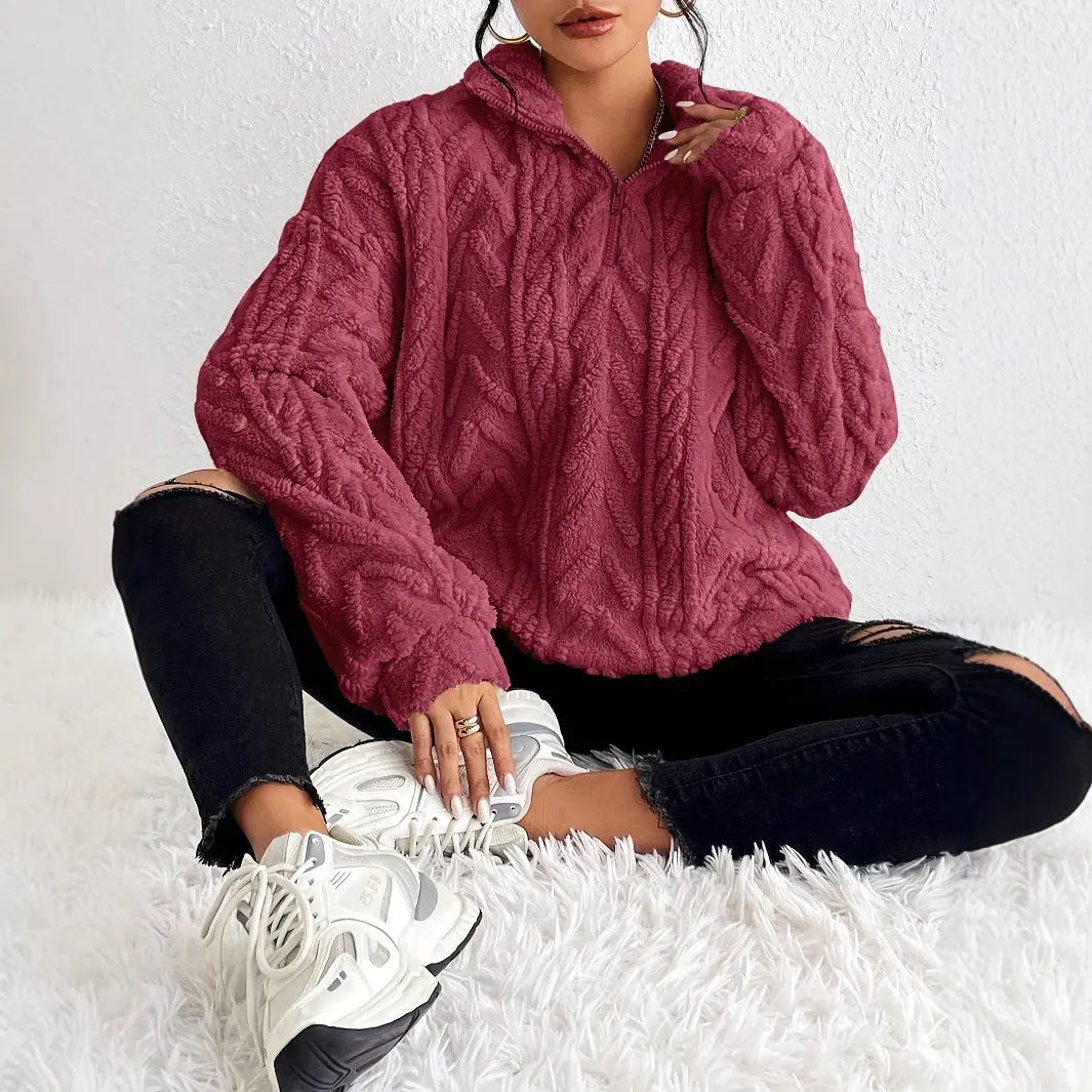 Double-sided Plush Latte Art Casual Zipper Pullover Top hercurva