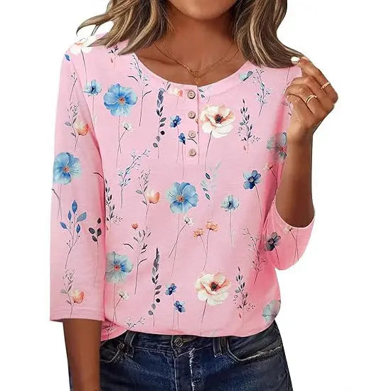 Printed 34 Sleeves Button Women's T-shirt hercurva