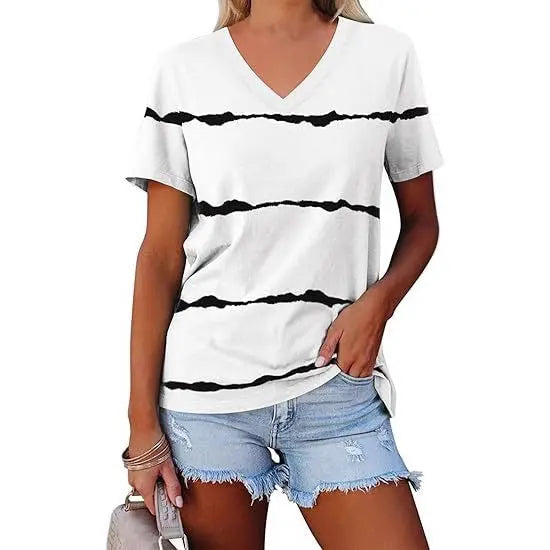 Casual Top Fashion Trend Stripes Short Sleeve Women V-neck hercurva