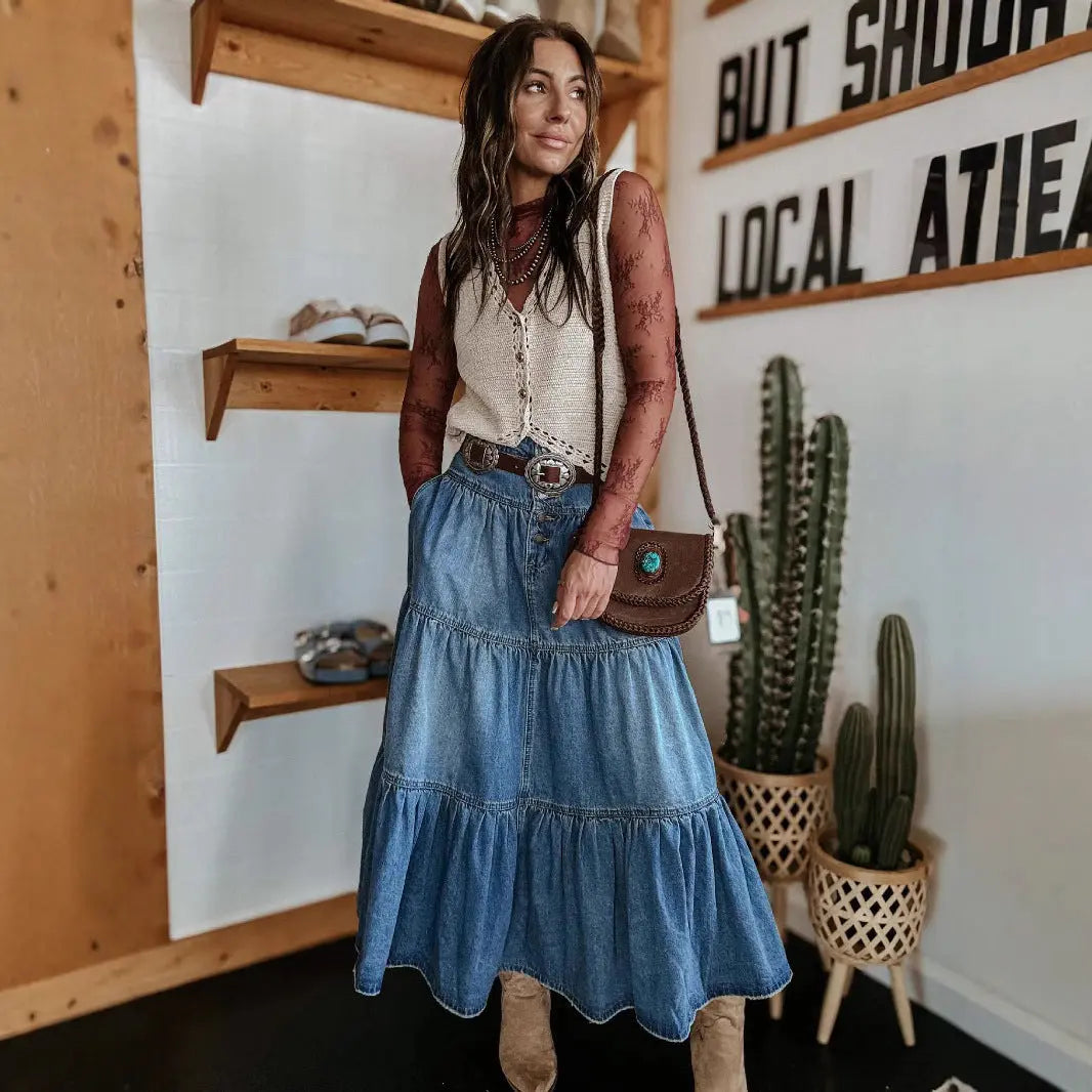 Bohemian A- Line Layered Cake Denim Skirt hercurva