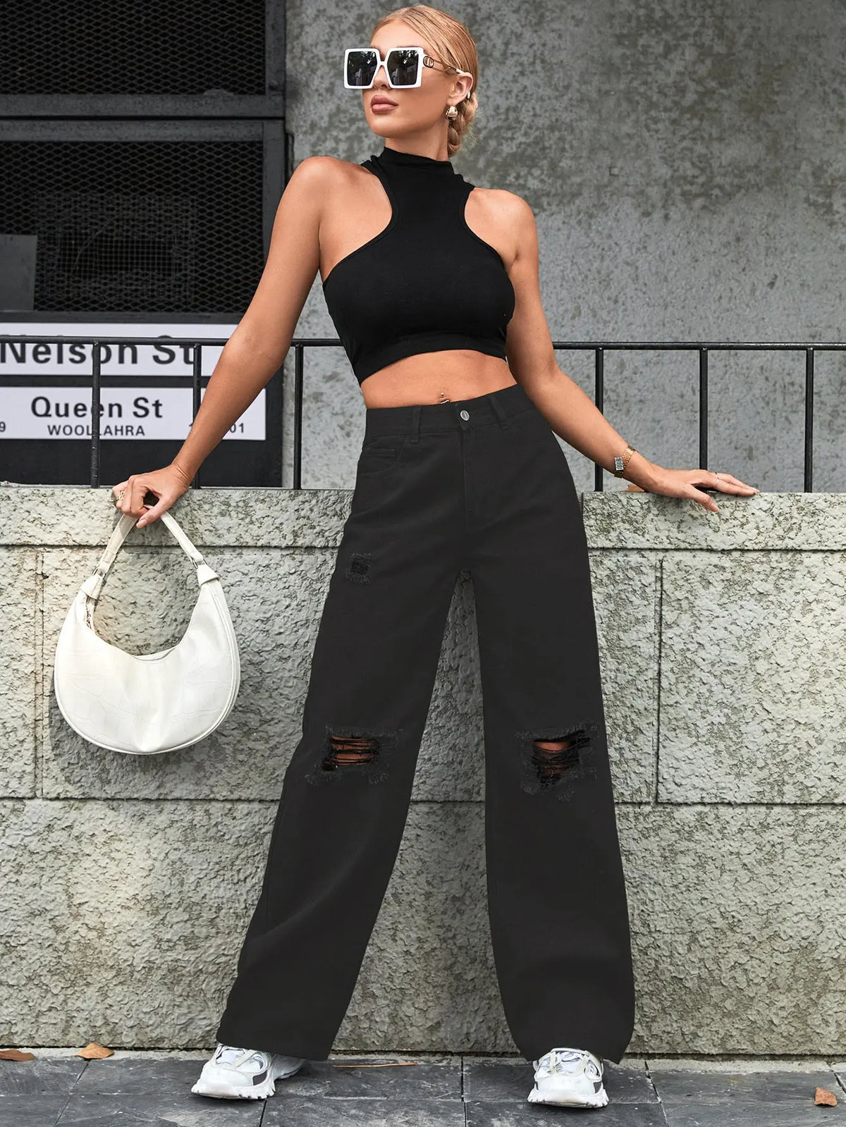 Women's Fashion Holes High Waist Casual Denim Trousers hercurva