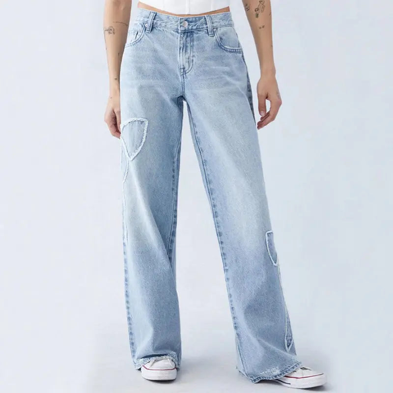 Women's Straight Trousers Embroidered Side Frayed Butterfly Jeans Street Design Hot Girl Baggy Pants hercurva