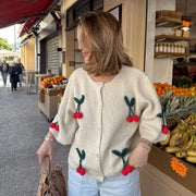 Three-dimensional Flower Round Neck Cardigan Knitted Short Sleeve hercurva