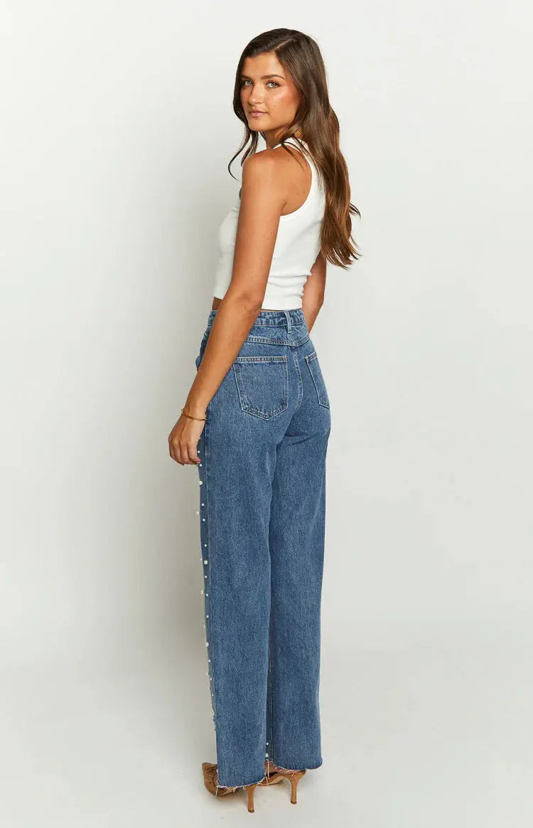 Oblique Waist Cross Beaded Straight-leg Frayed Hem Jeans hercurva