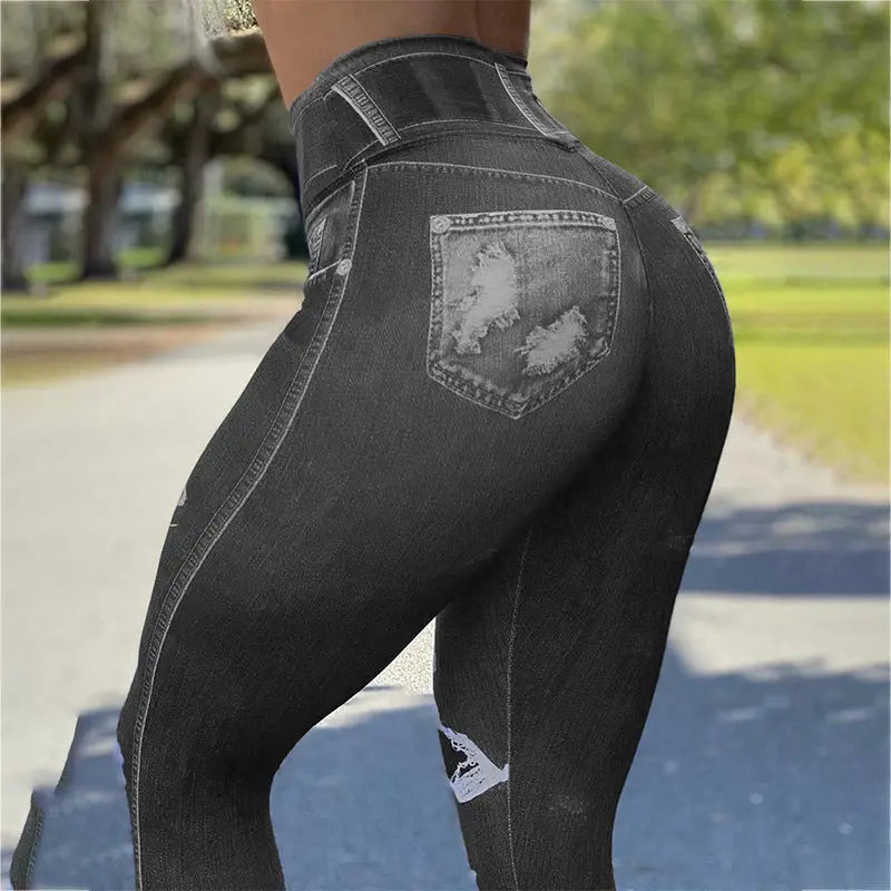 Ladies High Waist High Stretch Faux Denim Leggings hercurva