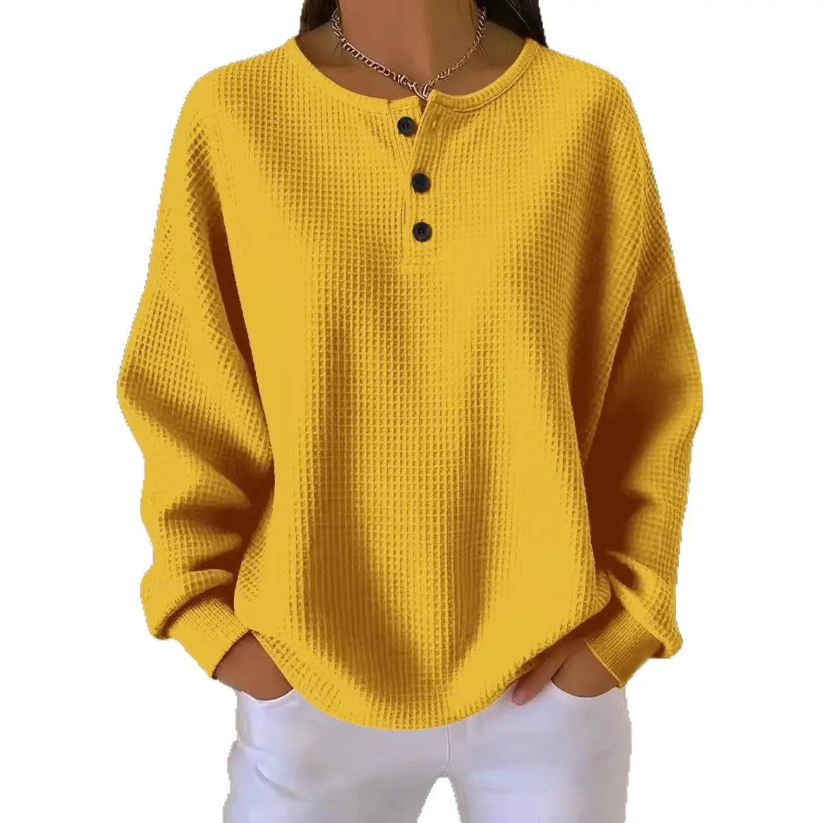 Round Neck Waffle Solid Color Pullover Loose Top hercurva