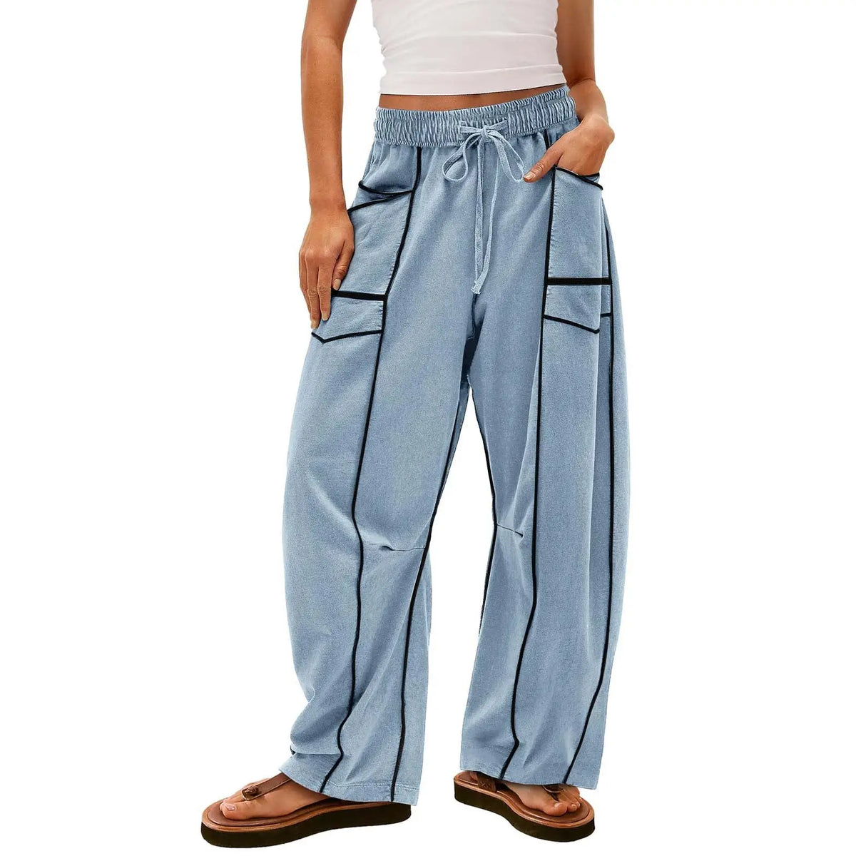 Y2K Black Striped Wide-leg Pants With Pockets Fashion Loose Drawstring Trousers Sports Sweatpants Women's Clothing hercurva