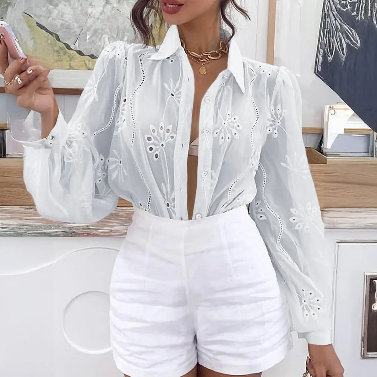 Casual Resort Fashion Hollow-out Long-sleeve Cardigan Blouse hercurva