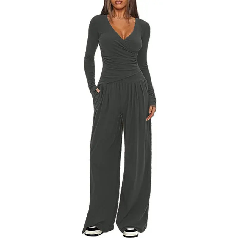 2 Pieces Women's V Neck Long-sleeve Sportswear Top And Wide-leg Pants Set Casual Comfortable Outfit Set For Daily Wear Gym Sports Outfit hercurva