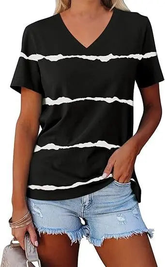 Casual Top Fashion Trend Stripes Short Sleeve Women V-neck hercurva