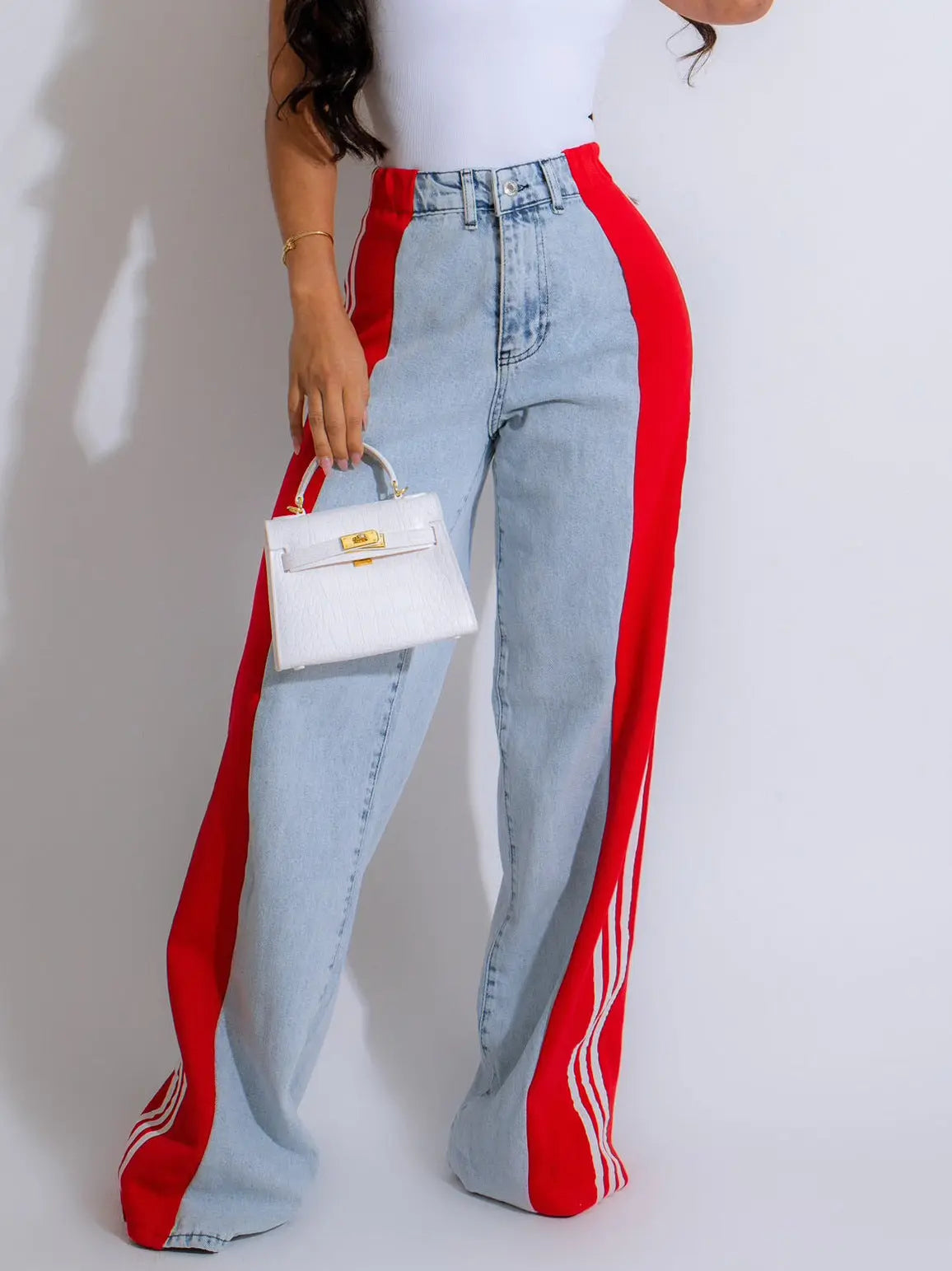 Fashion Casual High Waist Elastic Straight Leg Trousers Three Stripe Patchwork Denim Wide Leg Pants Streetwear hercurva