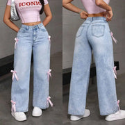 Bowknot Collage Washed Jeans Loose Straight-leg Wide-leg Pants hercurva