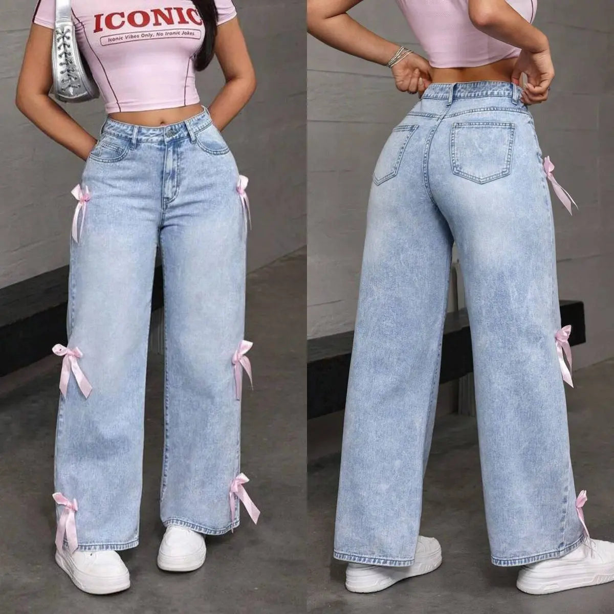 Bowknot Collage Washed Jeans Loose Straight-leg Wide-leg Pants hercurva