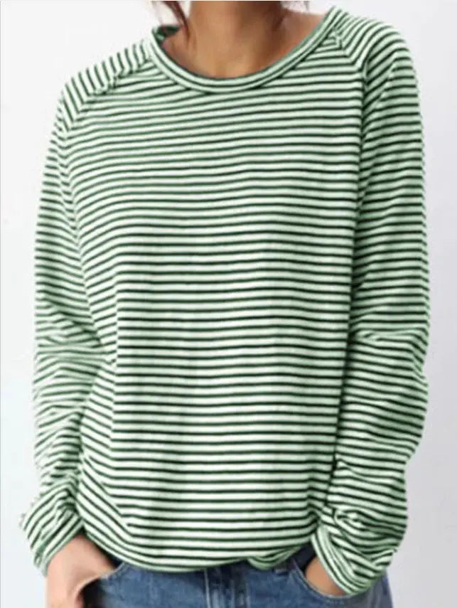 Loose Round Neck Raglan Long Sleeve Striped Printed Sweater hercurva