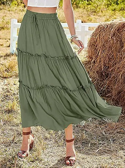 Women's Elastic High Waist A-Line Pleated Casual Maxi Dress hercurva