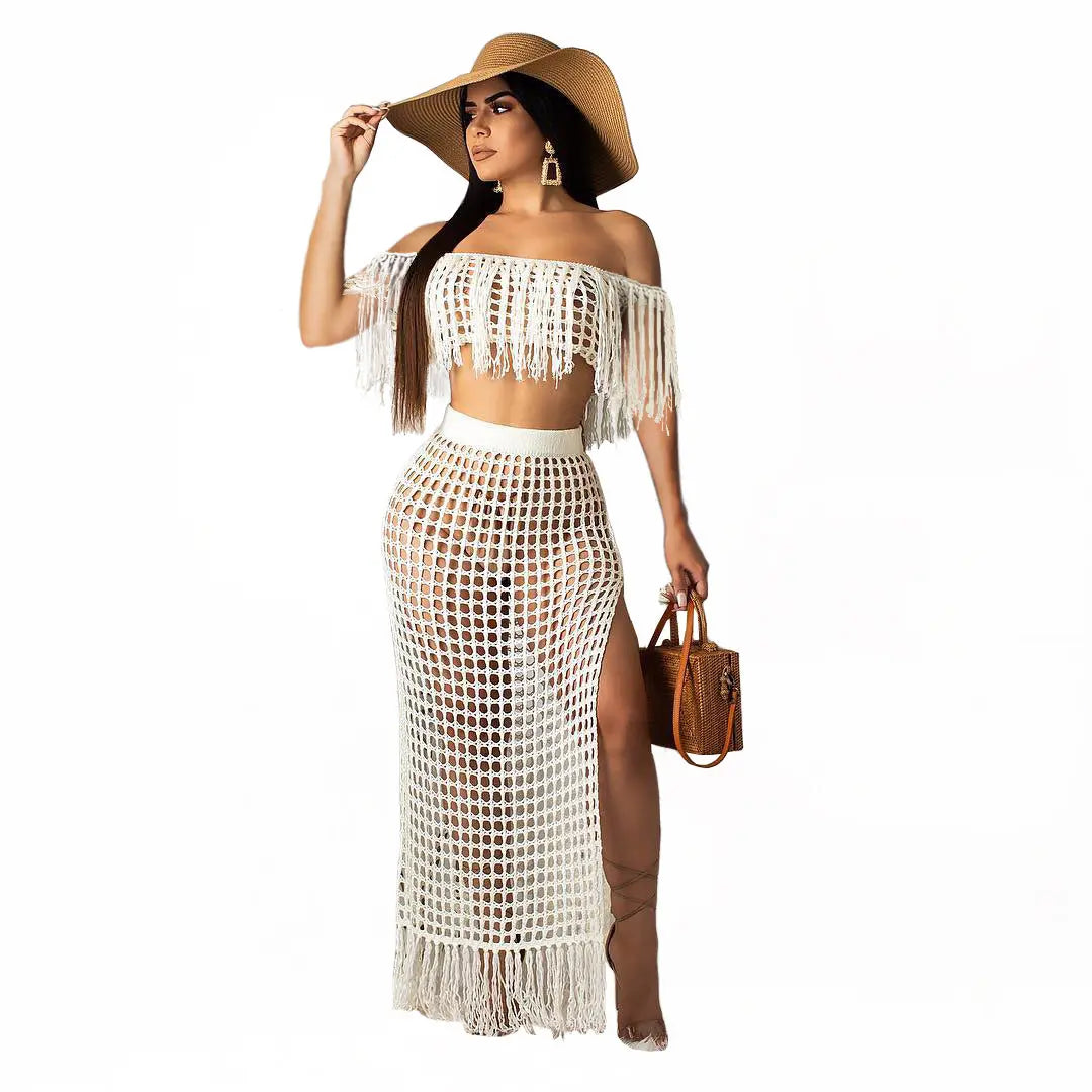 Hollow-out Handmade Tassel Off-shoulder Beach Skirt Suit hercurva