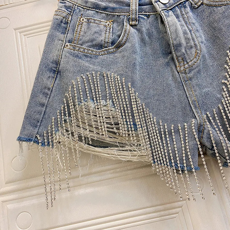 Fringed Chain Jeans Women's High Waist Slim Se Xy Shorts European And American Style Heavy Industry Beading Tide hercurva