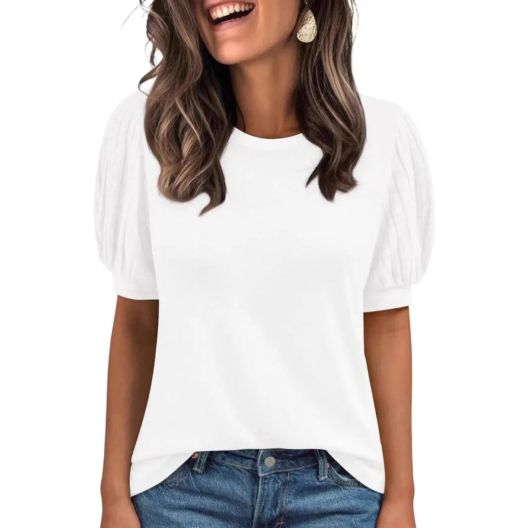 Spring Summer Crew-Neck Solid-Color Elastic-Cuff Short-Sleeve Top hercurva