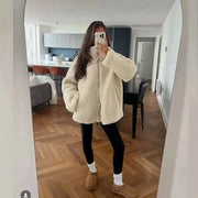 Women's Stand Collar Zipper Idle Style Lamb Wool Casual Cotton-padded Clothes Coat hercurva