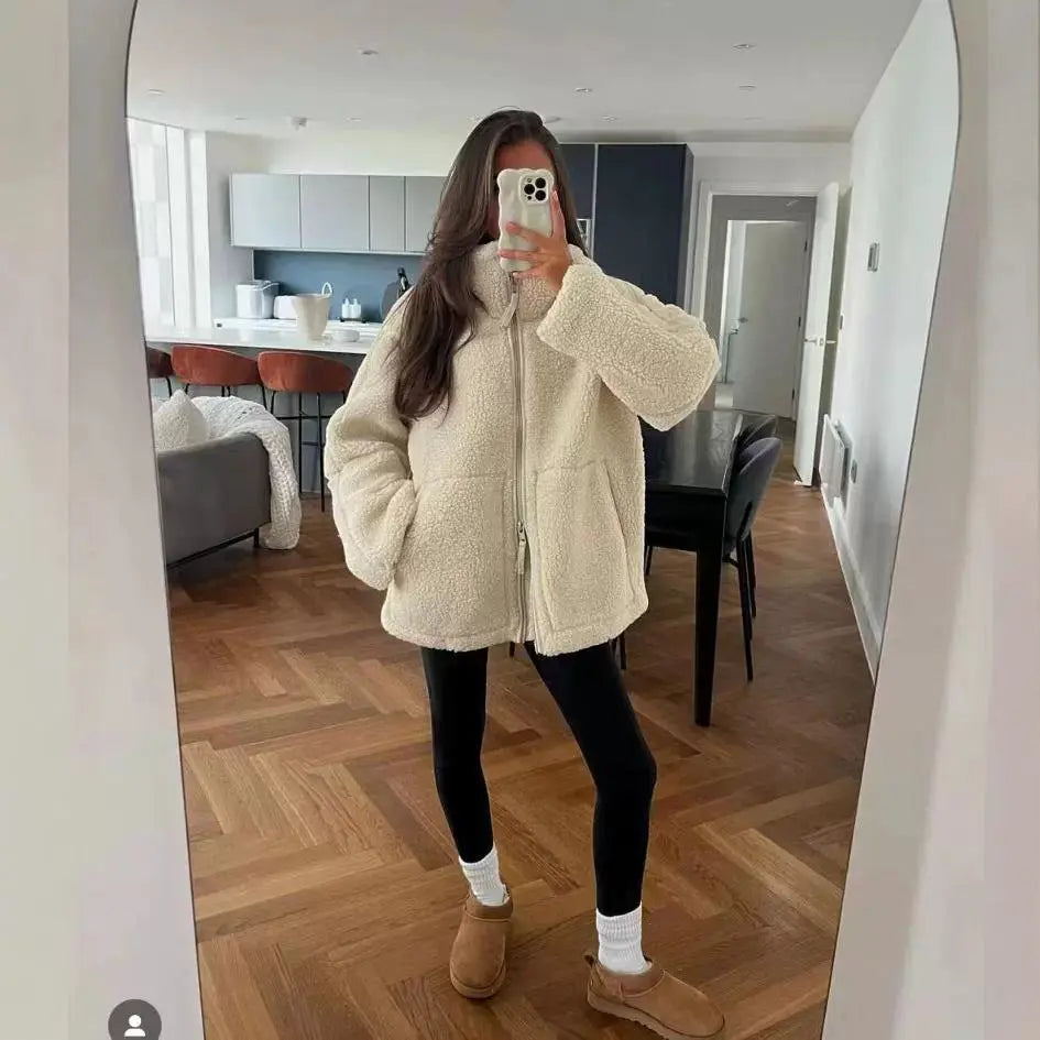 Women's Stand Collar Zipper Idle Style Lamb Wool Casual Cotton-padded Clothes Coat hercurva