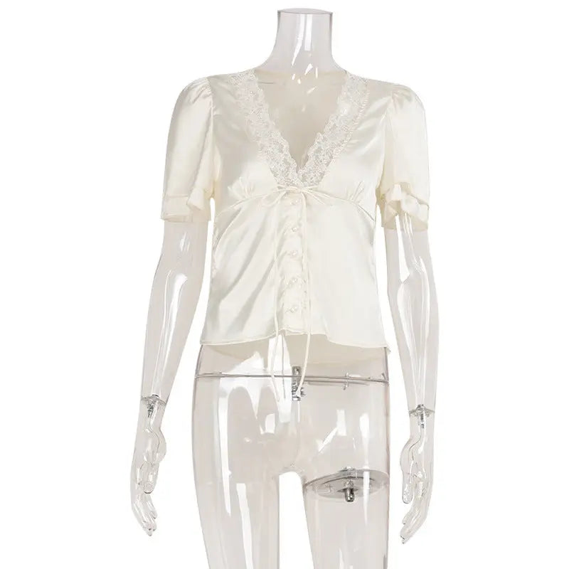 Fashion V-neck Lace Stitching Lace Up Slimming Short Sleeve hercurva