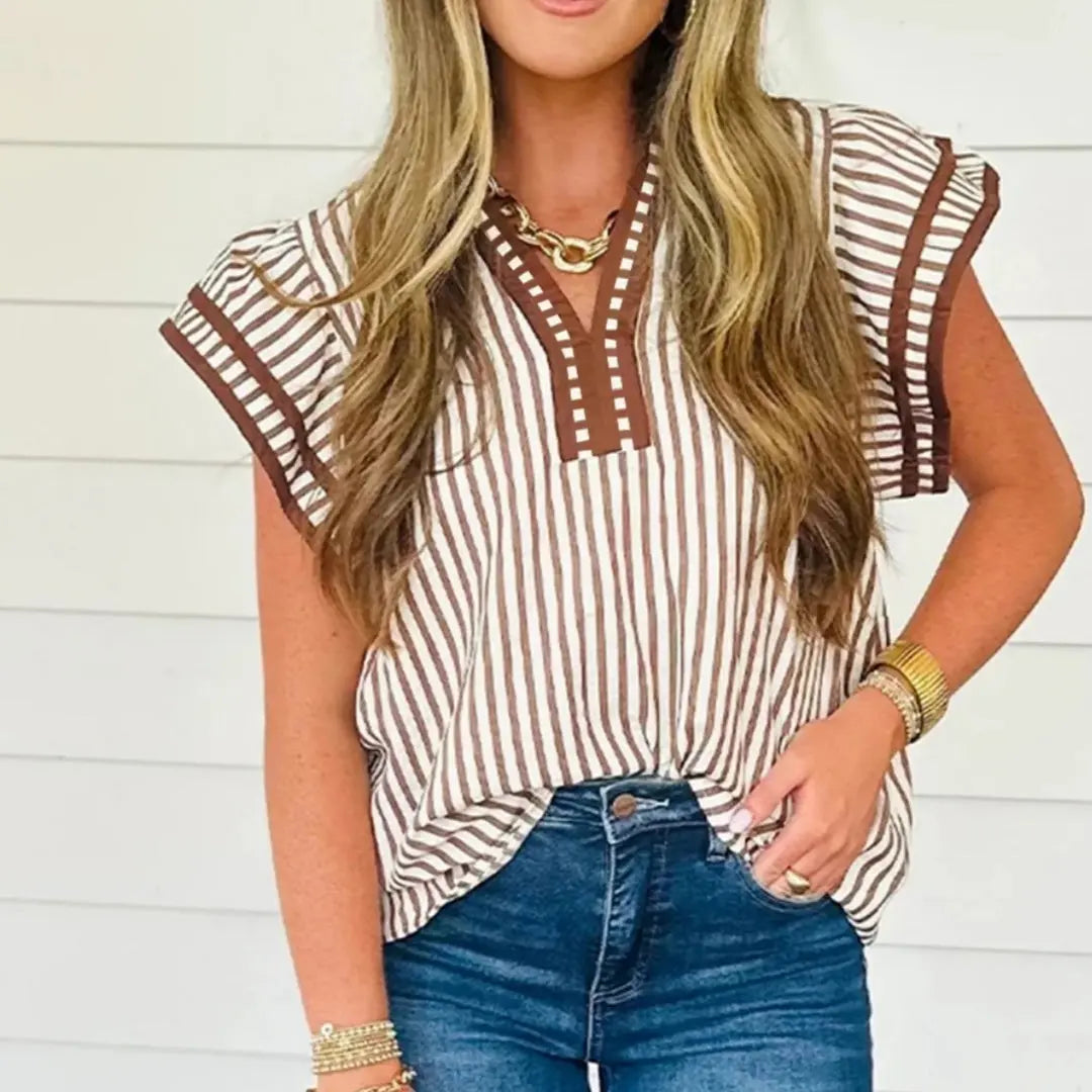 Khaki Stripe Double Ruffled Short Sleeve V Neck Blouse hercurva