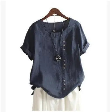 Retro Plus Size Casual Loose Cotton And Linen Short-sleeved Pullover T-shirt hercurva