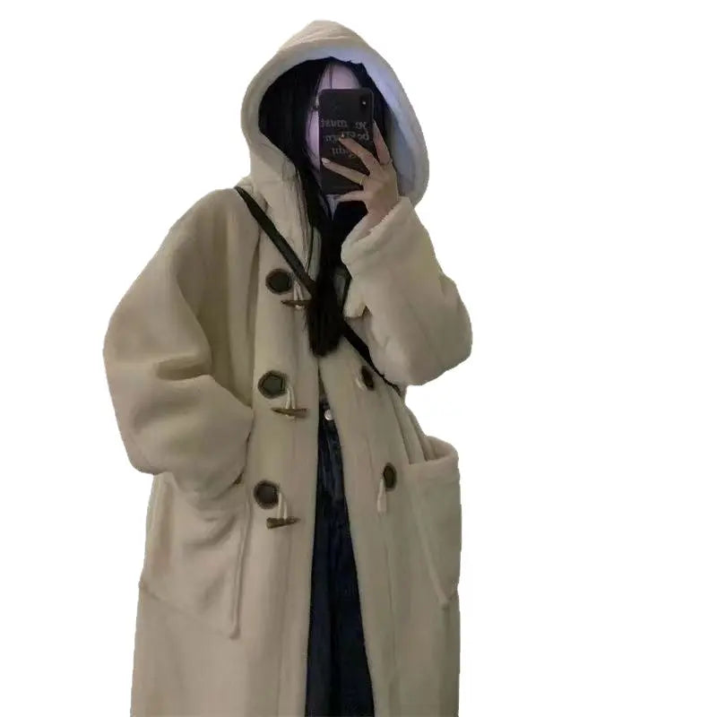 Mid-length Horn Button Lamb Wool Coat For Women hercurva