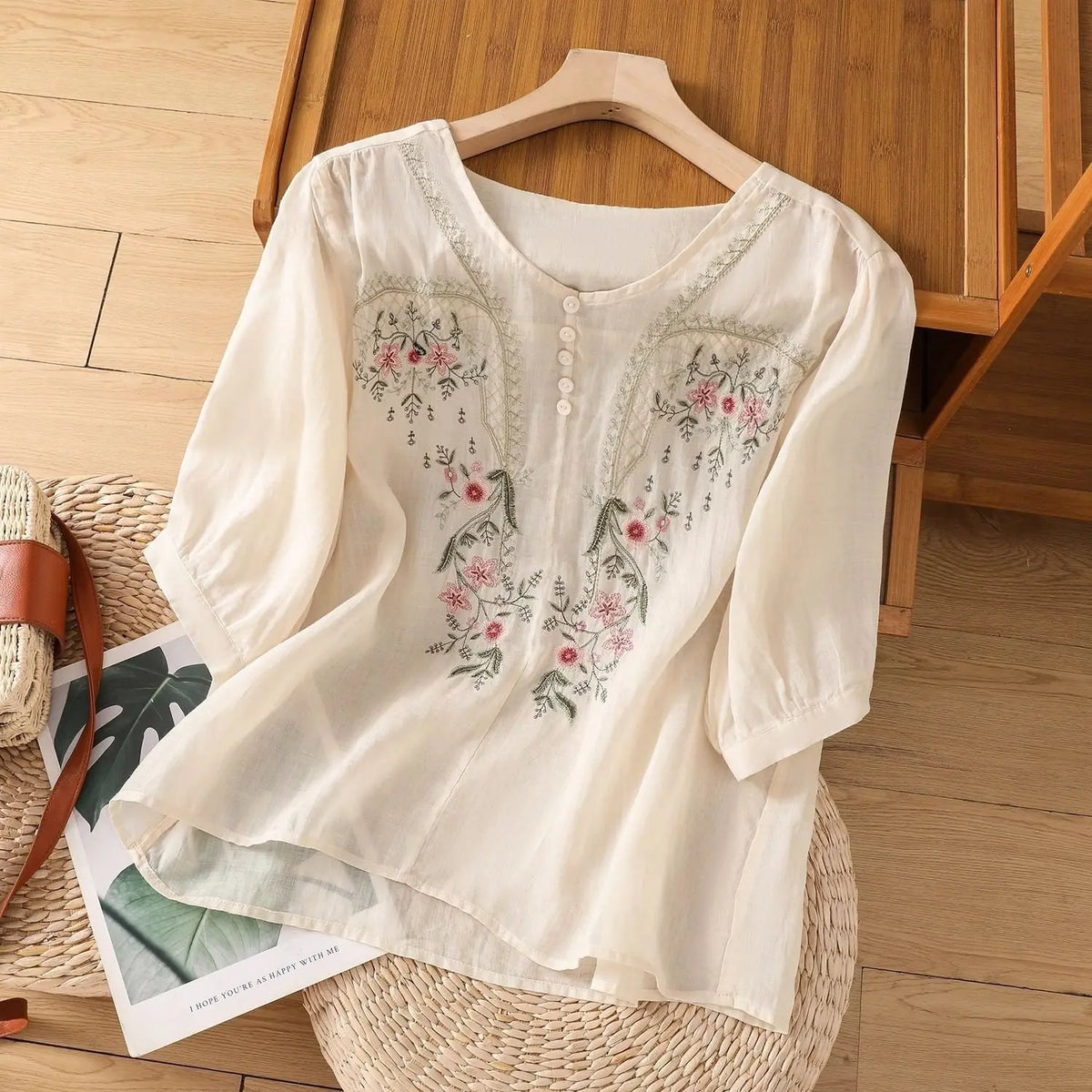 Short Sleeve Top Pullover Embroidered Chinese Women's Loose Slimming And All-matching hercurva