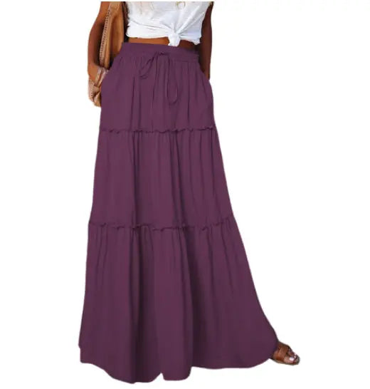 Women's Elastic High Waist A-Line Pleated Casual Maxi Dress hercurva