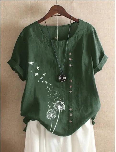Retro Plus Size Casual Loose Cotton And Linen Short-sleeved Pullover T-shirt hercurva