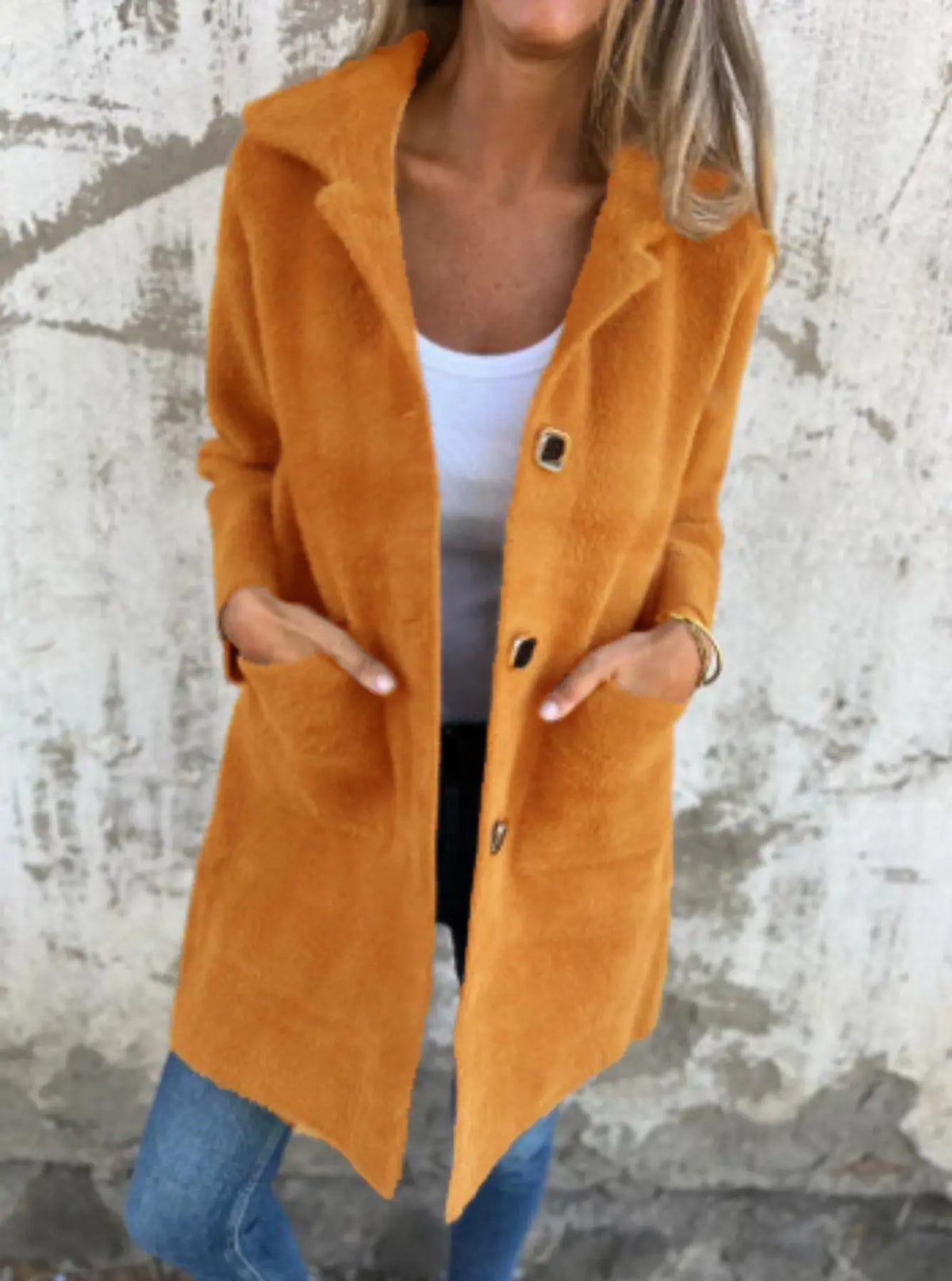 Single-breasted Polo Collar Pocket Mid-length Coat hercurva