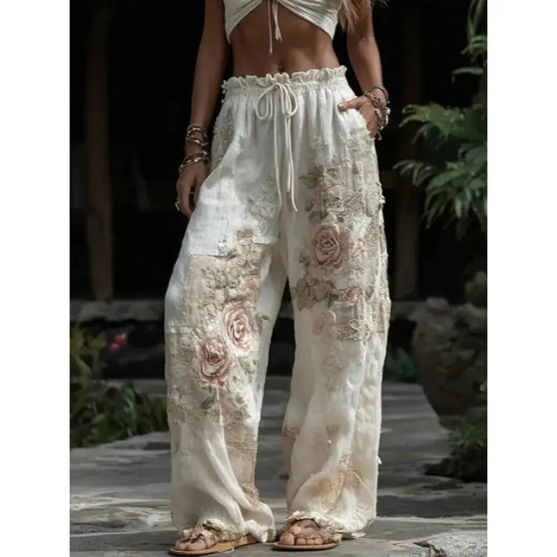 3D Floral Print Pattern Elegant Straight Women's Trousers hercurva