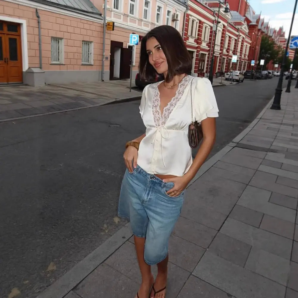 Fashion V-neck Lace Stitching Lace Up Slimming Short Sleeve hercurva