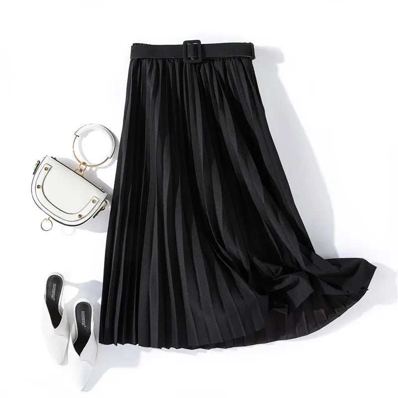 Solid Color Simple Organ Pleated Skirt Mid-length Skirt hercurva