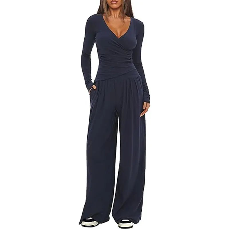 2 Pieces Women's V Neck Long-sleeve Sportswear Top And Wide-leg Pants Set Casual Comfortable Outfit Set For Daily Wear Gym Sports Outfit hercurva