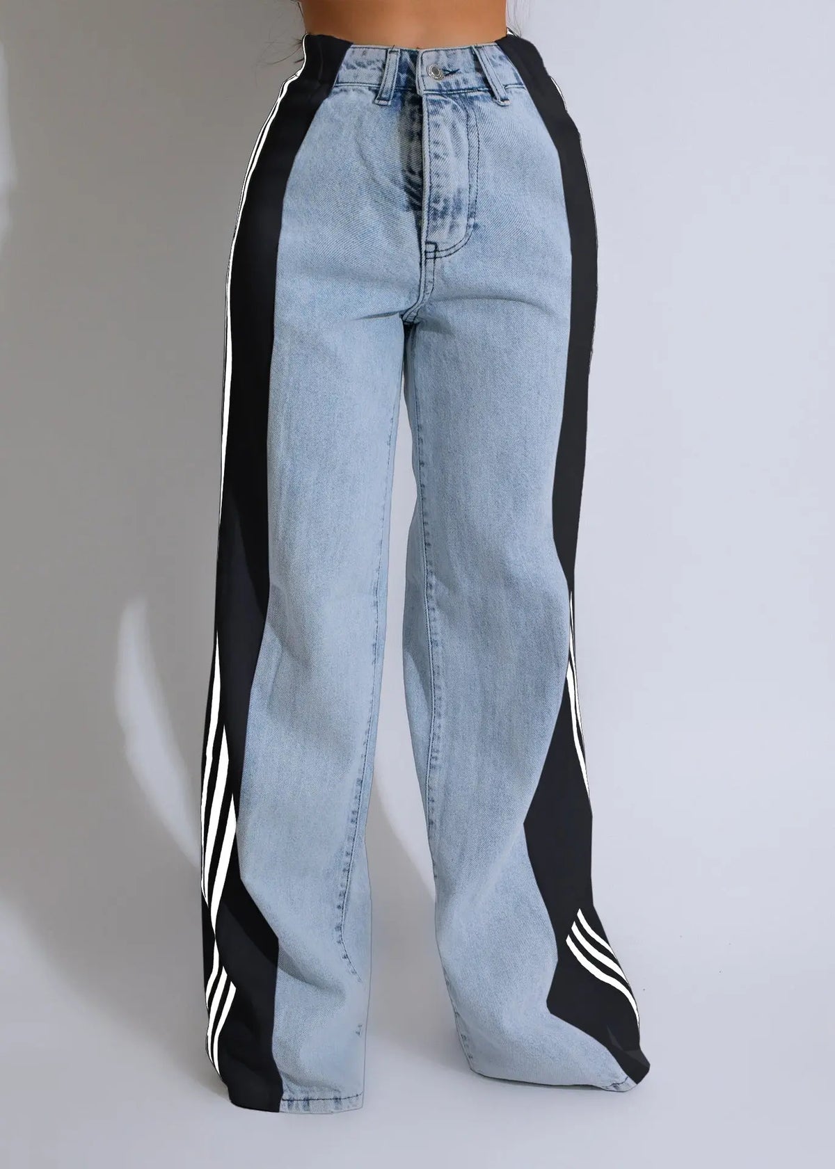 Fashion Casual High Waist Elastic Straight Leg Trousers Three Stripe Patchwork Denim Wide Leg Pants Streetwear hercurva