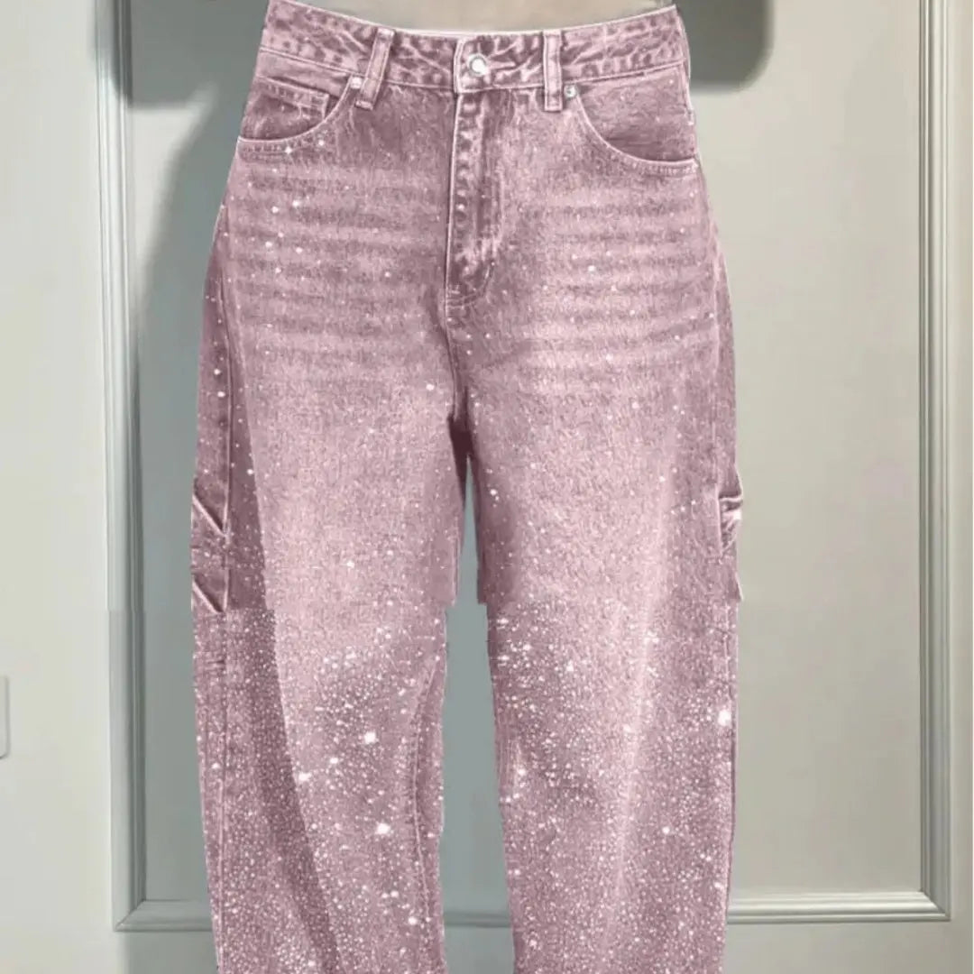 Ins Shiny Straight Jeans With Pockets Fashion Loose Wide-leg Pants For Women Street-style Trousers hercurva