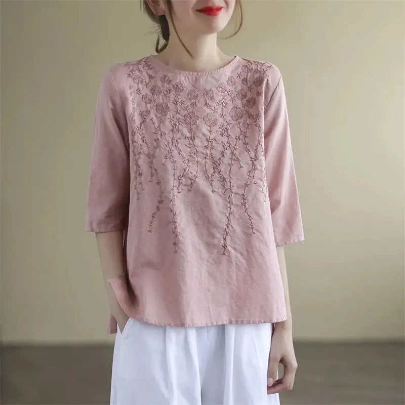 Artistic Retro Cotton And Linen Solid Color Half Sleeve hercurva