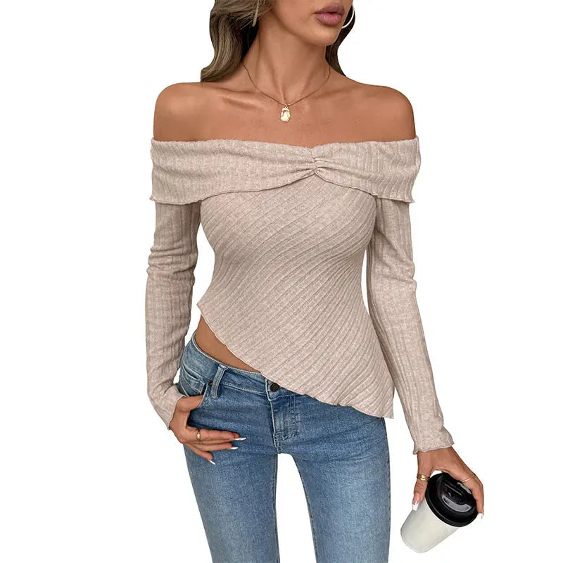 Women's Knitted Solid Color Long Sleeve Off Shoulder Irregular Hem hercurva