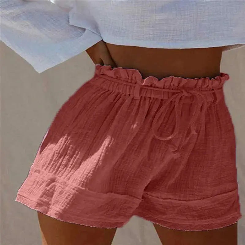 Solid Color Loose Pleated Elastic Belt High Waist Cotton And Linen Boho Shorts Hot Pants hercurva