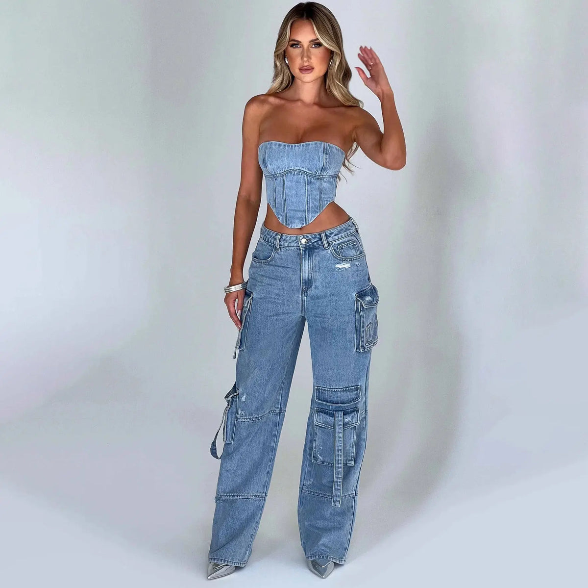 Women's Suit Low Waist Three-dimensional Tube Top And Pocket Stitching Jeans Pants hercurva