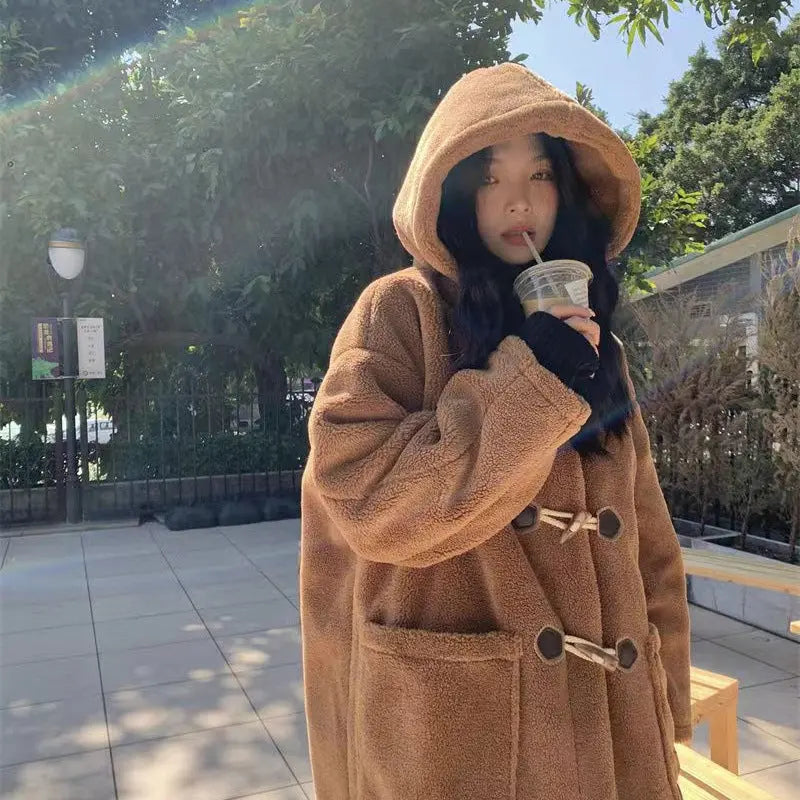 Mid-length Horn Button Lamb Wool Coat For Women hercurva