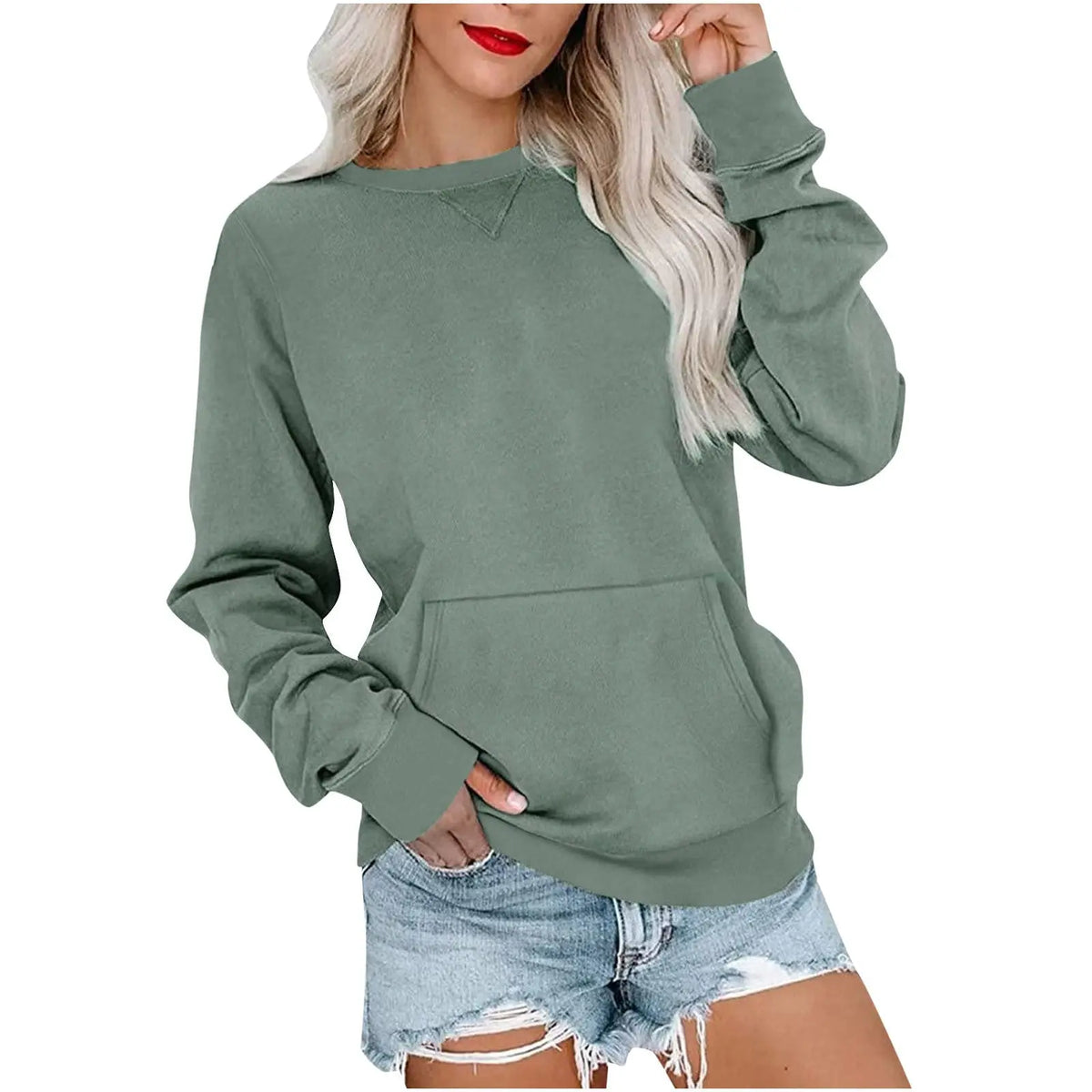 Solid Color Pullover Sweatshirt With Pocket Fashion Loose Round Neck Long Sleeves Top Womens Clothing hercurva